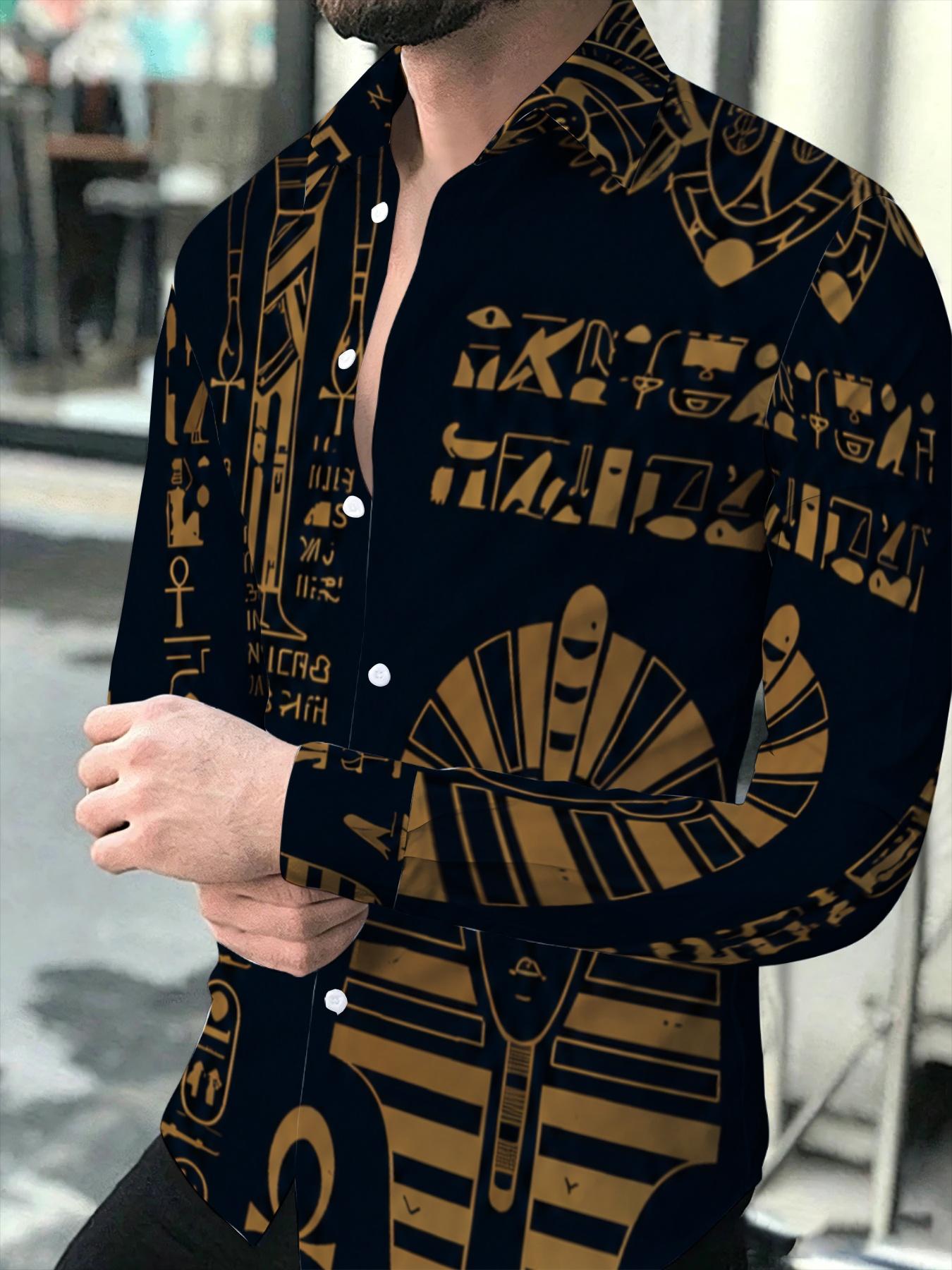 Men's Egyptian Pharaoh Totem Long Sleeve Shirt, Dark Blue Base with Gold Printing, Fashion Casual Loose Lapel Top, Retro Exotic Pattern Design, Daily Commuting Versatile Style Suitable for leisure and sports scenarios