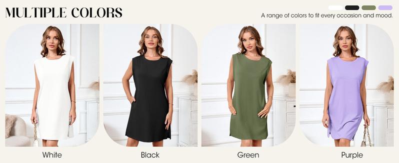 Wenrine Women's Summer Mini Dress Casual Loose Sleeveless Crewneck Slit Basic T Shirt Dresses with Pockets