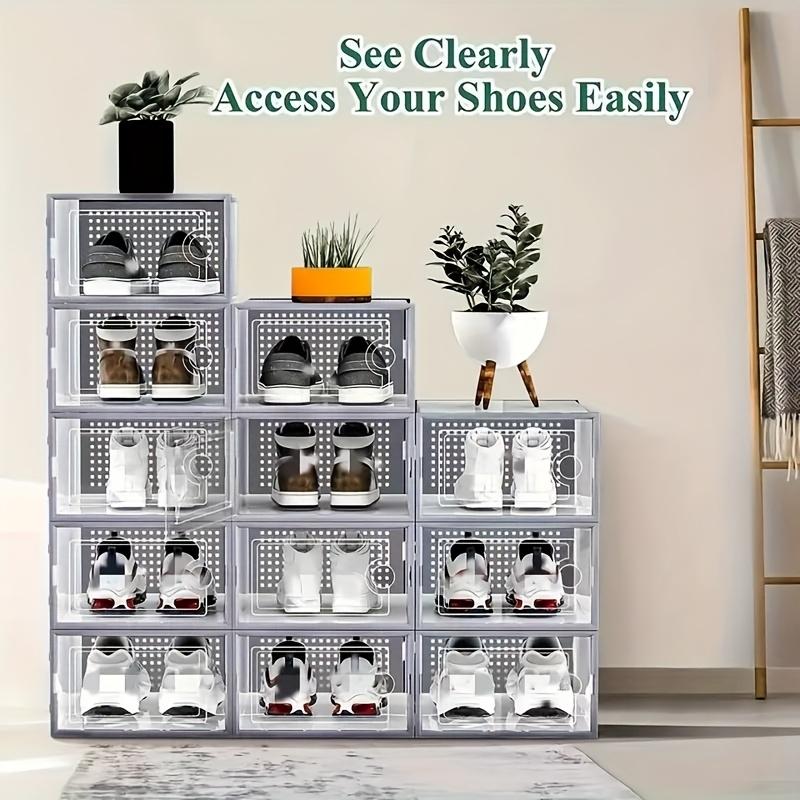 6/15/24pcs thickened transparent shoe box with lid, foldable and stackable shoe rack for free combination, plastic sneaker container, space-saving storage, Stackable Shoe Boxes