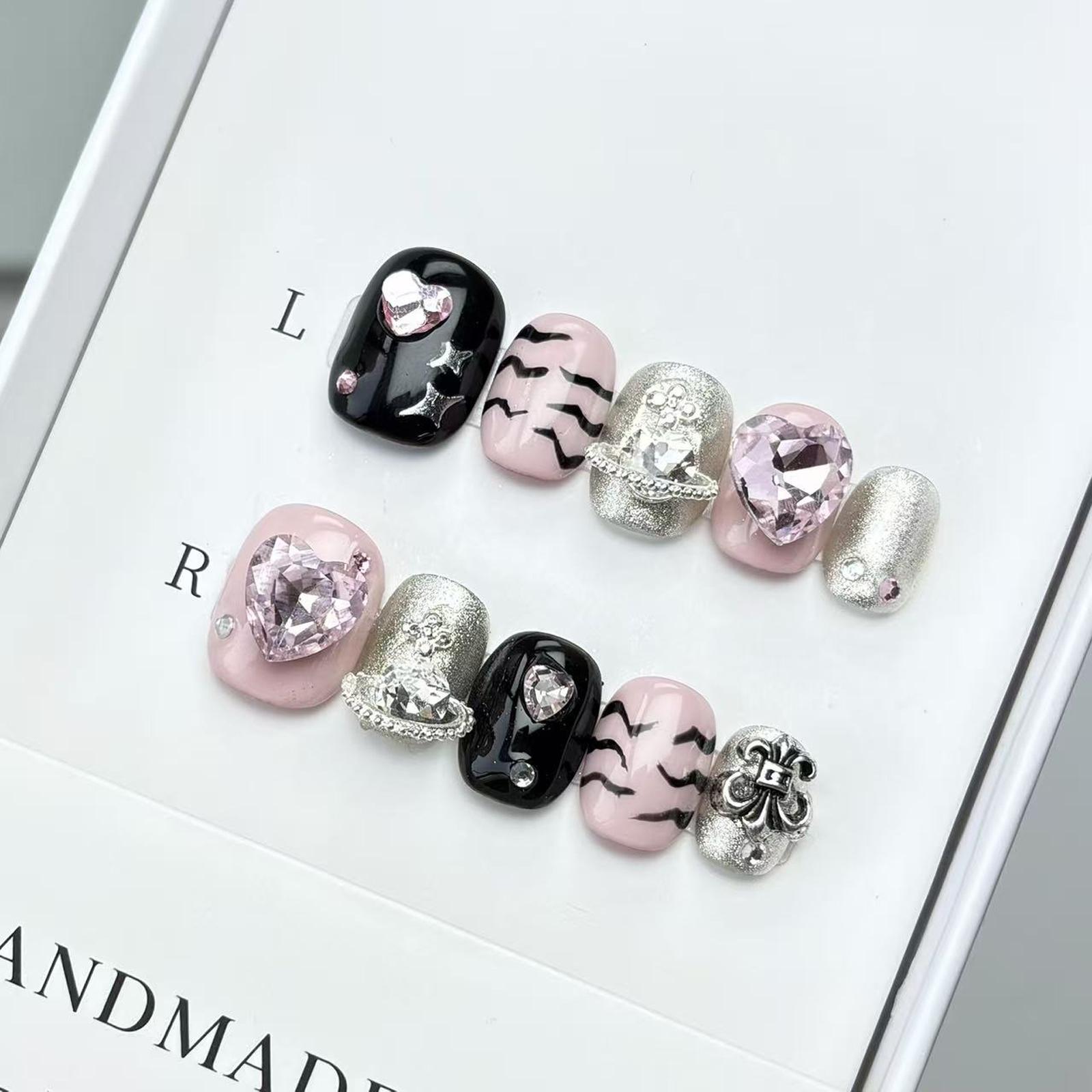 Luxury Nail Freedom! Black Pink Edgy Exquisite Hand-Painted Heart Diamond Press On Fake Nails, Get Baddie Nails In 5 Mins, No Salon Needed
