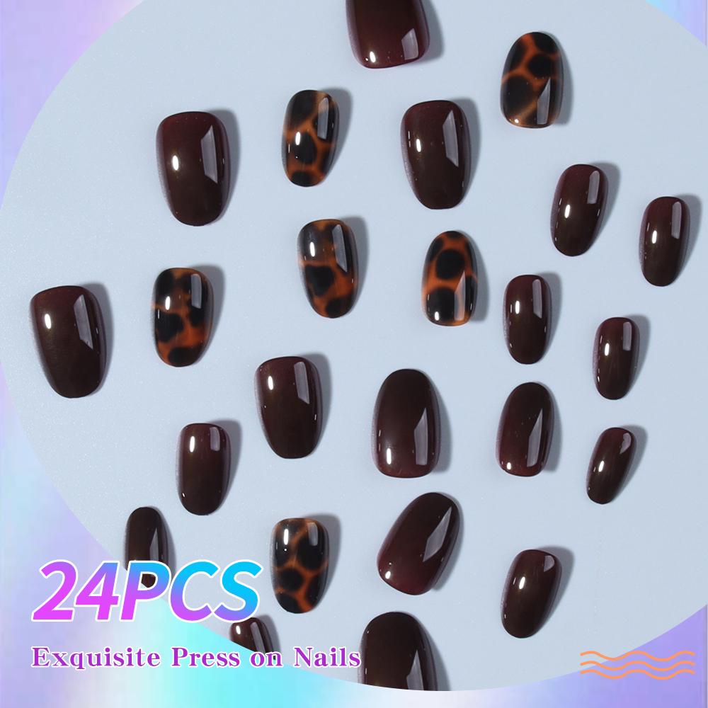 24pcs Short Oval Leopard Print Press-On Nails Set, Nail Kit, Unique Design, Includes Jelly Glue and Nail File, Easy to Wear, Perfect for Parties, Dancing, Daily Use