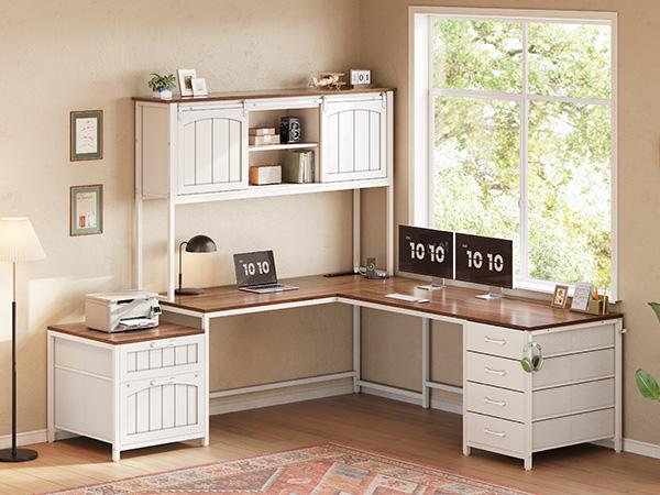 SEDETA 63 Inch Farmhouse L Shaped Office Desk with 6 Drawers Reversible Computer Corner Desk with Power Outlet and Hutch