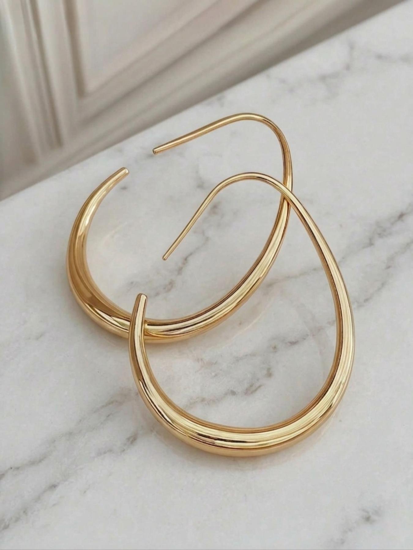 Lightweight Teardrop Hoop Earrings for Women, Large Oval Pull Through Hoops, High Polished Statement Jewelry Gift