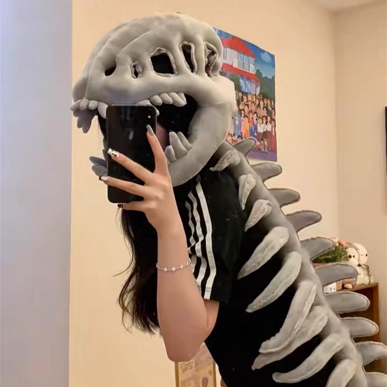 Halloween Dinosaur Skeleton Costume Headpiece, Animal Head Mask, Funny Role Play Plush Toy, Creative Prank Gift for Girlfriend, Kids, Family & Friends