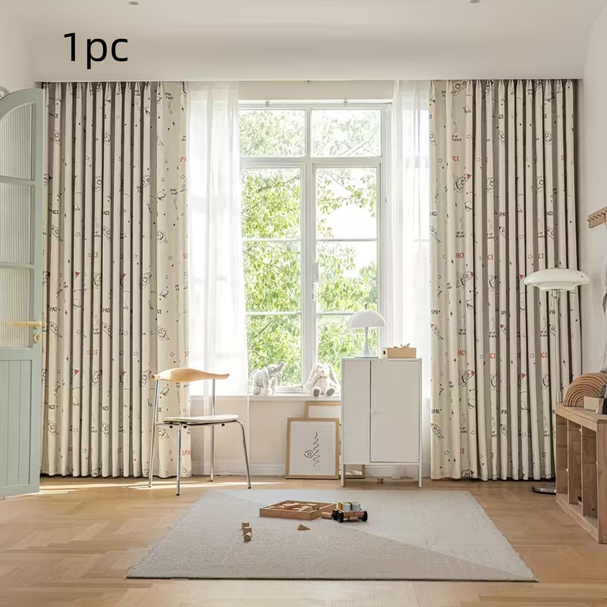 1pc Healing Space Cartoon Kids Curtain, Rocket Star Print, High Light Block, Cozy Atmosphere for Boy's Room Bedroom, Single Piece