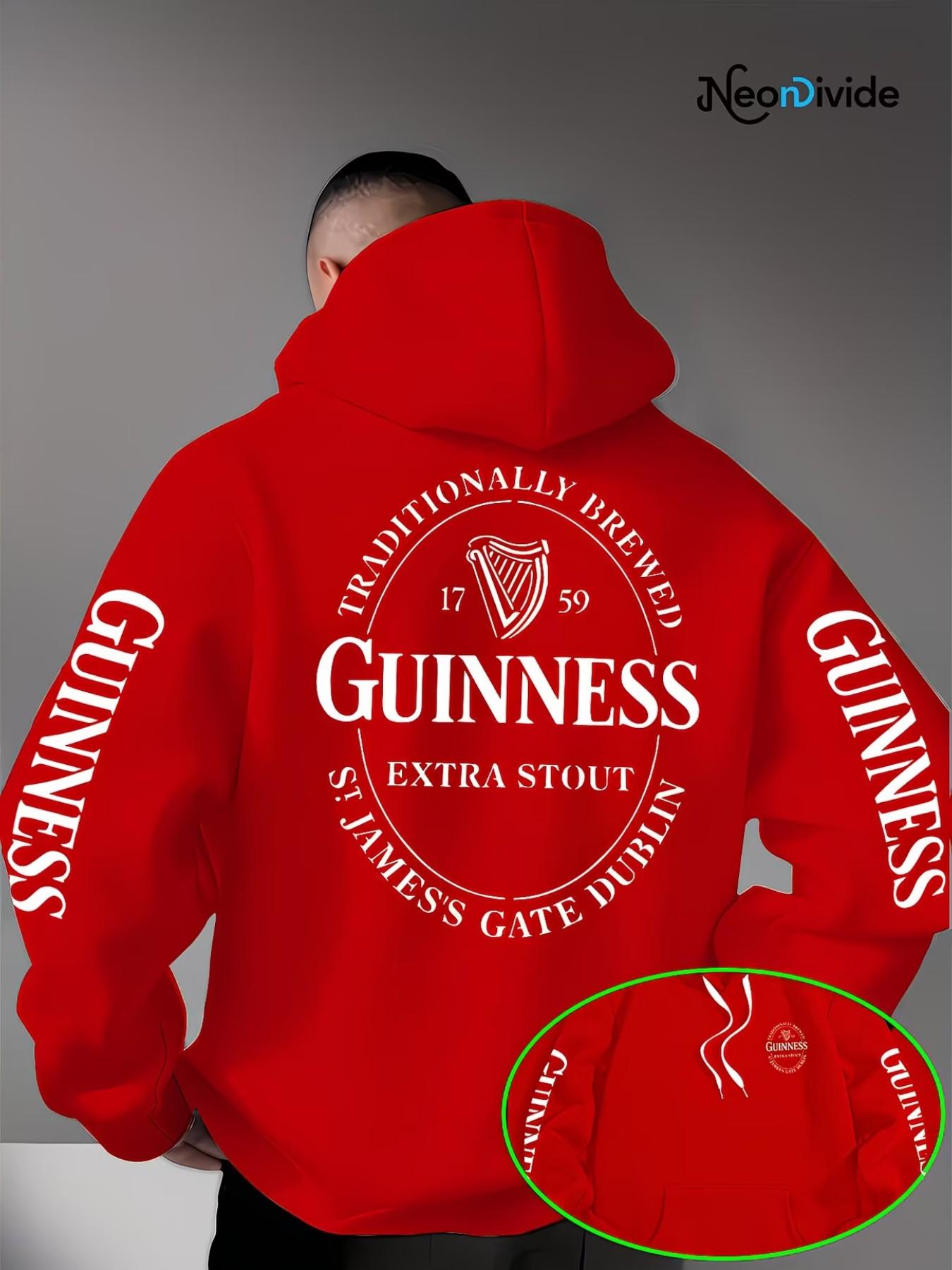 Trendy Men's Guinness Print Hoodie, Drawstring Kangaroo Pocket Design, Loose Fit, Lightweight Knit, Fall Winter Streetwear
