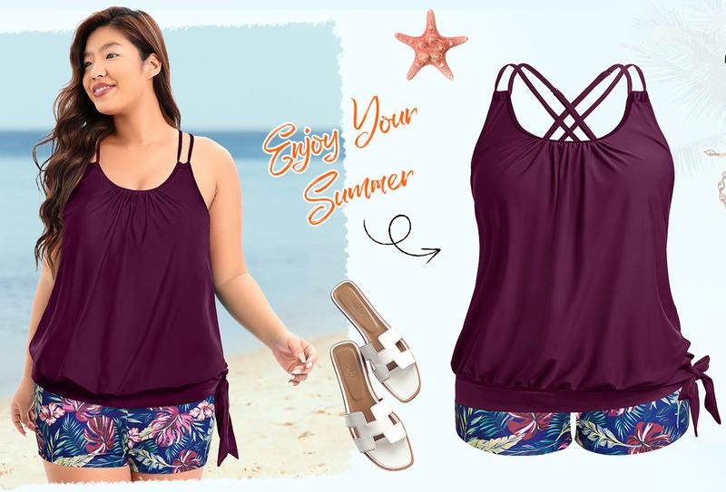 Holipick Women Plus Size Two Piece Tankini Swimsuit Tummy Control Bathing Suits Blouson Tankini Top with Boy Shorts