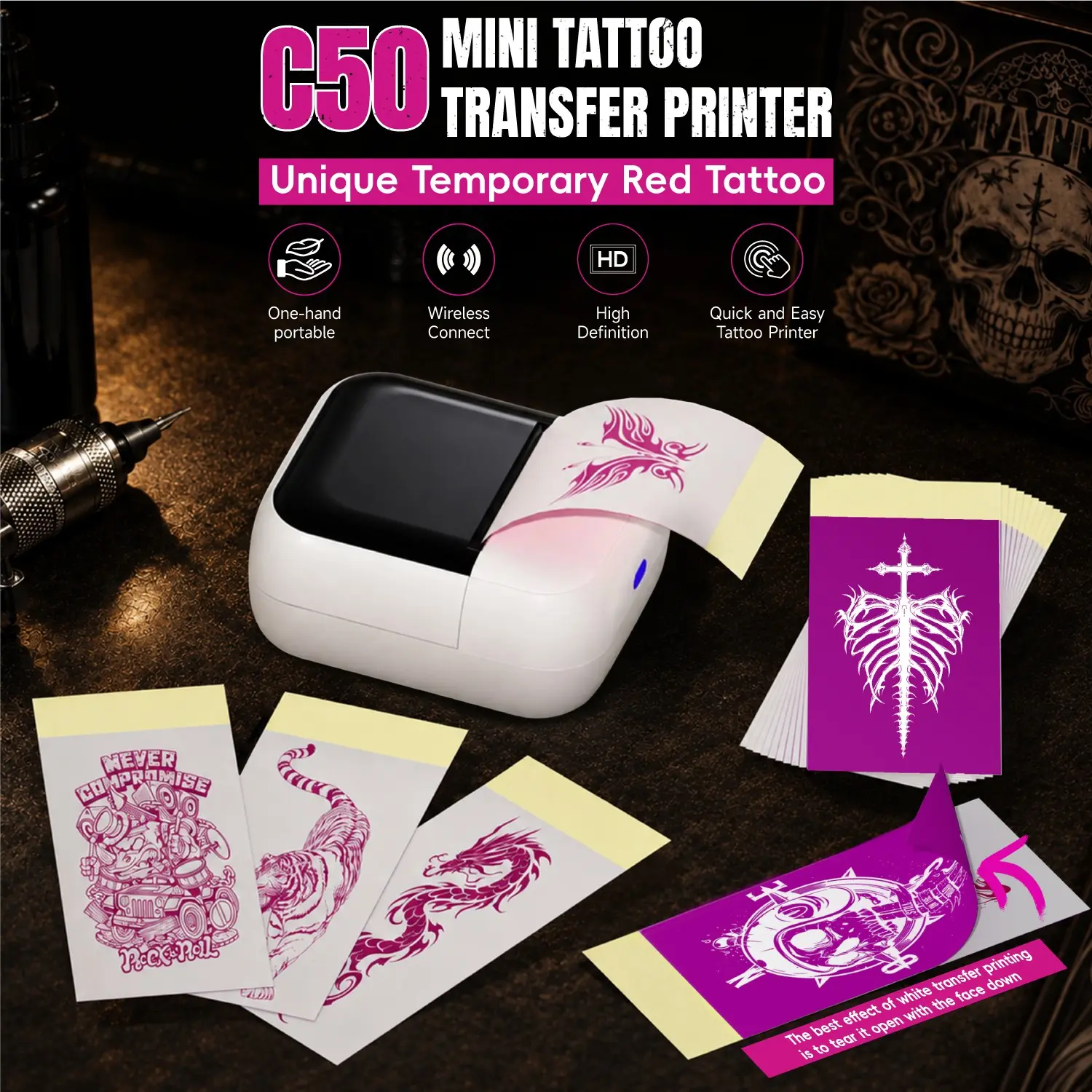 C50 Mini Wireless Tattoo Template Printer, Compact Thermal Tattoo Printer, Ideal for Tattoo Artists and Enthusiasts, Temporary Tattoos and Labels Printing