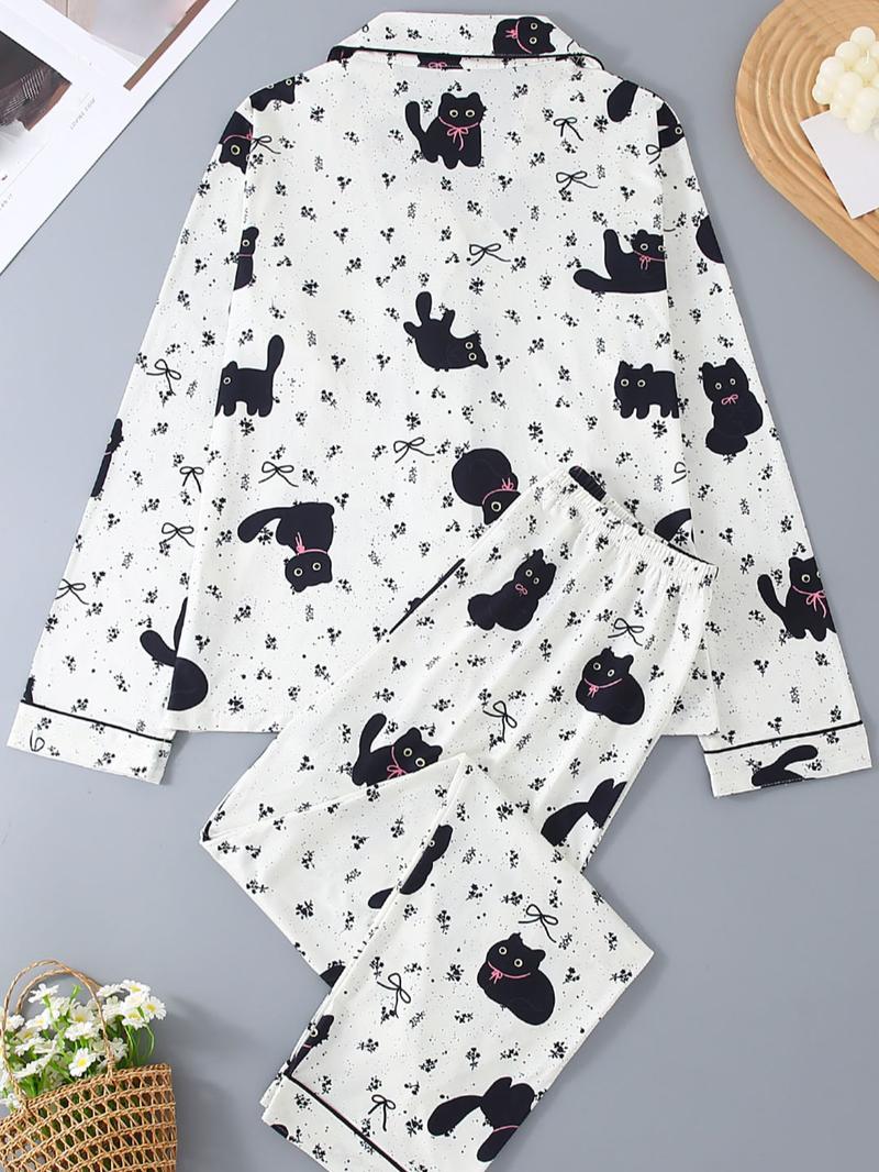 Women's Long Sleeve Pajama Set, 2-Piece Sleepwear Suit, Cartoon Animal Design, Leopard Pattern, All-Season Comfortable Loungewear