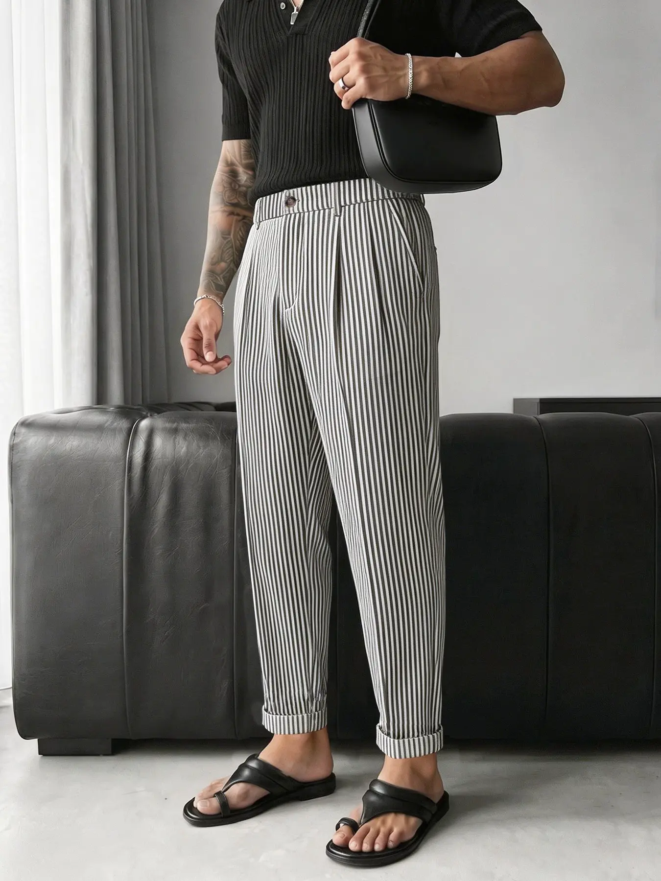 Men's Autumn New Italian Style Vertical Stripes Nine-Inch Pants, Slim Fit, Rollable Cuffs, Breathable, Slimming, Business Casual, Striped
