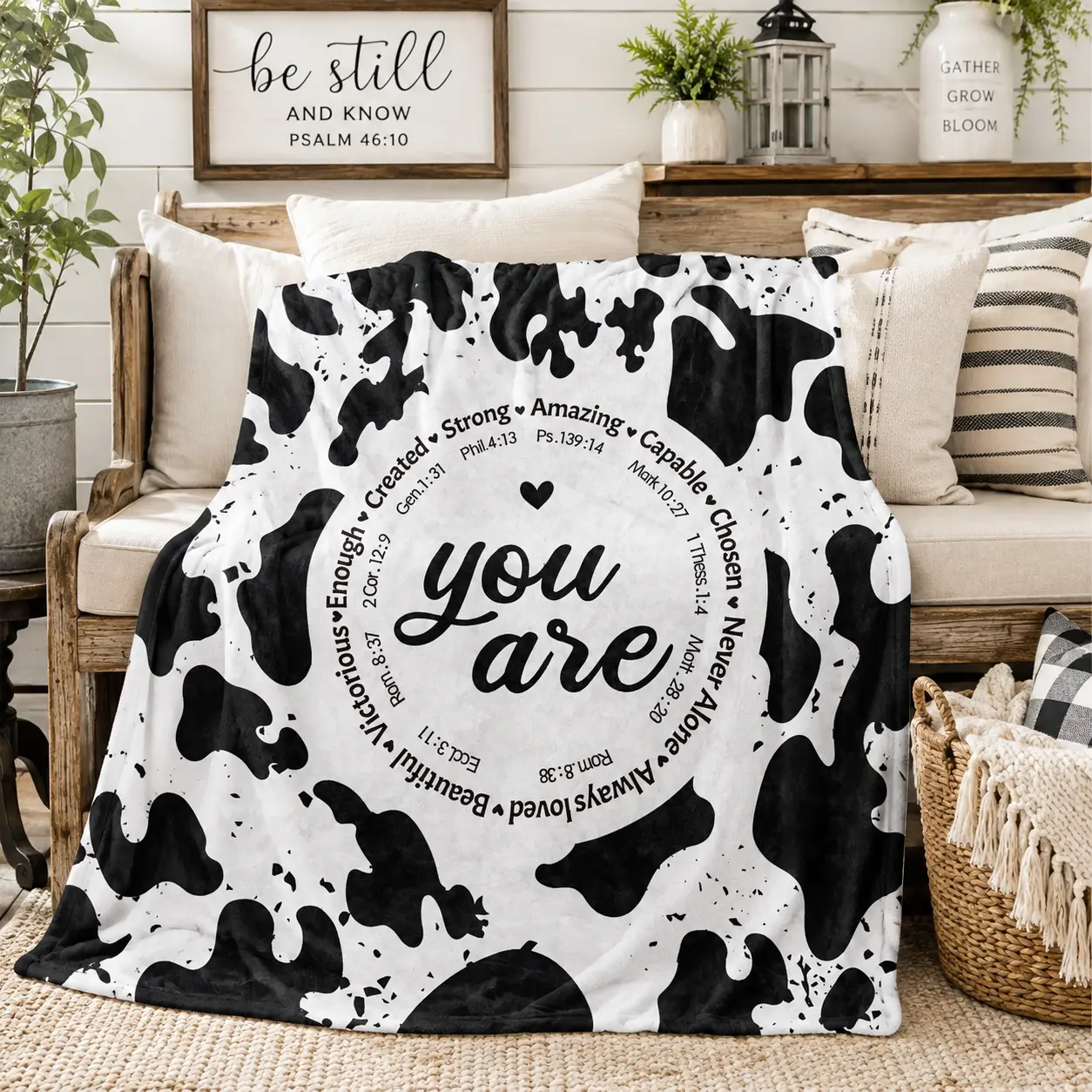 Inspirational Cow Print Flannel Fleece Blanket, “You Are” Positive Affirmation Throw Blanket, Black & White Farmhouse Blanket for Bed Sofa Couch, Christian Inspired Gift