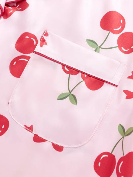 Women's Cherry Print Pajama Set, Cute Comfortable Short Sleeve Button Front Top & Elastic Waist Pants Shorts, Breathable Sleepwear