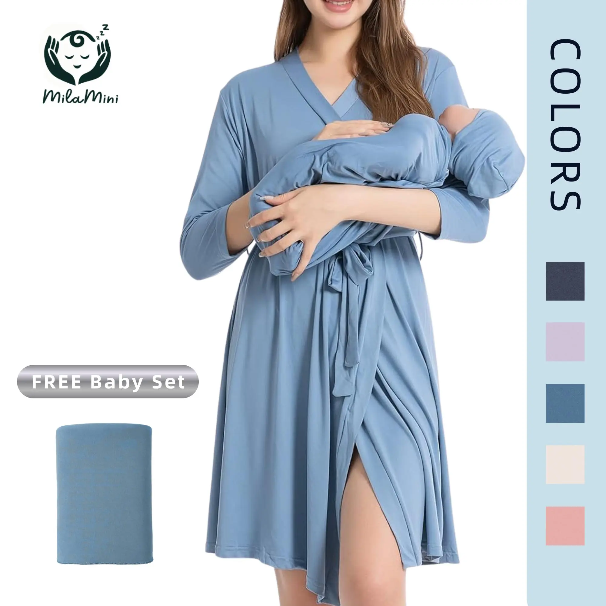 MilaMini Maternity Robe and Baby Receiving Blanket, Matching Mommy Labor Delivery Robe and Swaddle Set Denim blue,Plus Size S-XXL