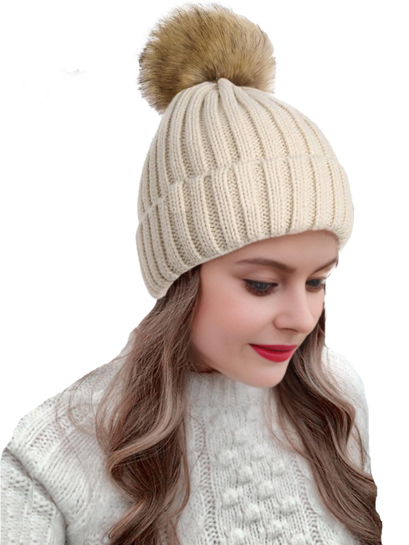 Unisex Plain Striped Beanie Hat, Satin Lined Knit Cap with Pom Pom, Warm Comfortable Windproof Winter Accessory, No Tag Design, Knitted Winter Hat