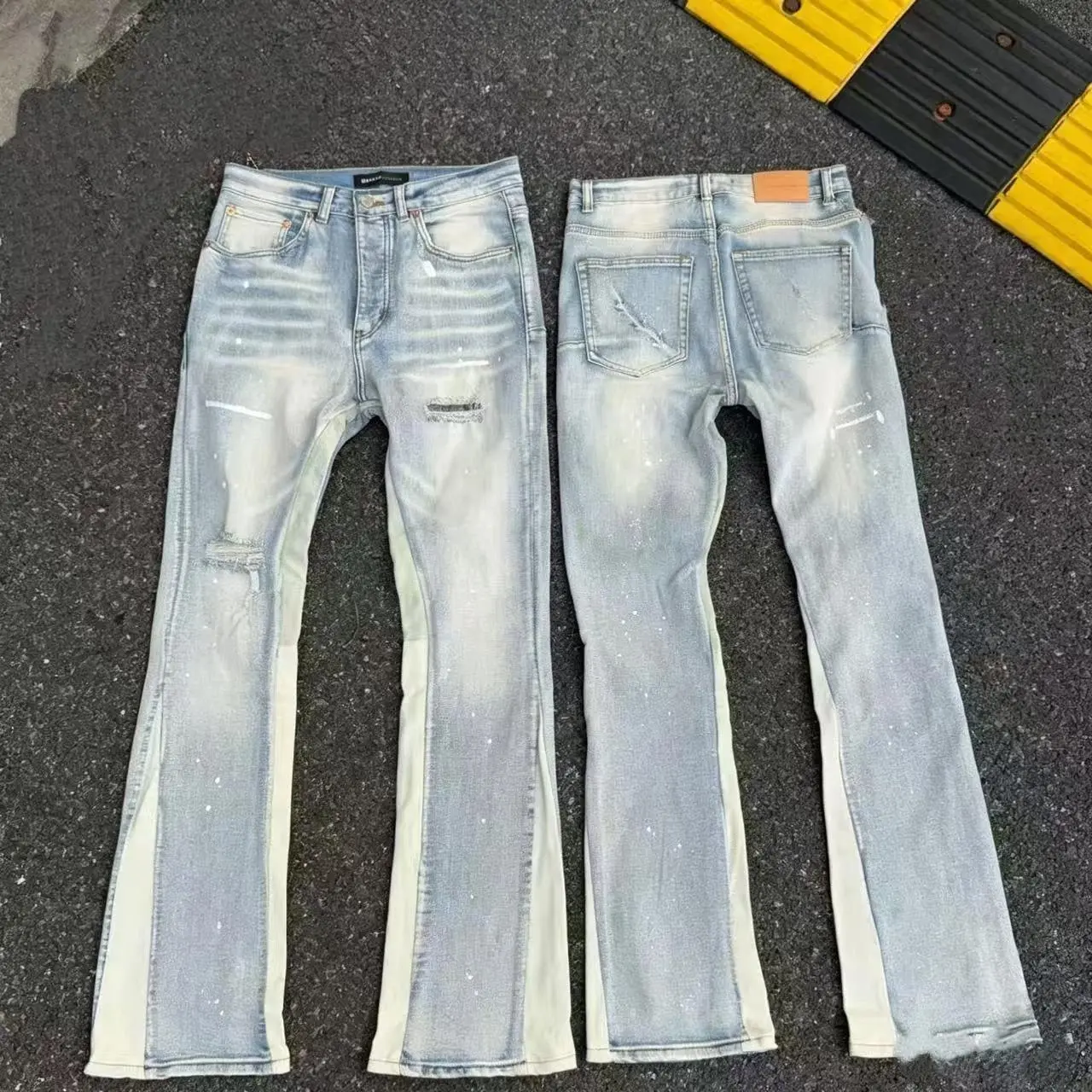 Men's High Cotton Vintage Light Wash Stacked Flare Jeans, Two Tone Contrast Side Panel Ripped Knee Paint Splatter Slim Fit Bootcut Denim Pants for Hip Hop Streetwear Casual Wear