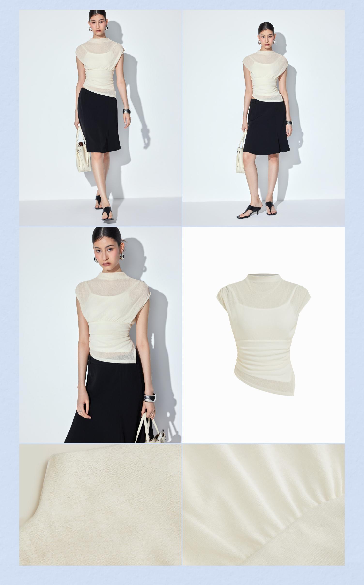 Cider High Neck Ruched Asymmetrical Sheer Short Sleeve Top