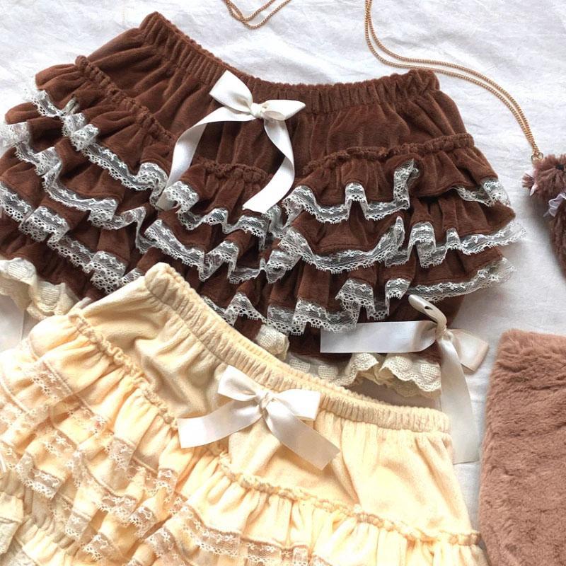 Autumn Winter Warm Lolita Safety Short Pants Women Sweet Chic Plush Bloomers Japanese Y2k Lace Bow Knickers Harajuku Cute Shorts