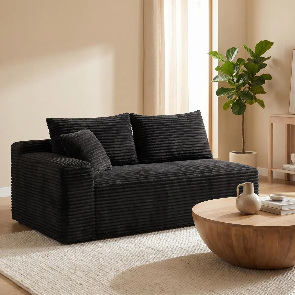 Black Corduroy Modular Compression Sofa, Legless Floor-Hugging Armless Accent Chair for Living Room Bedroom