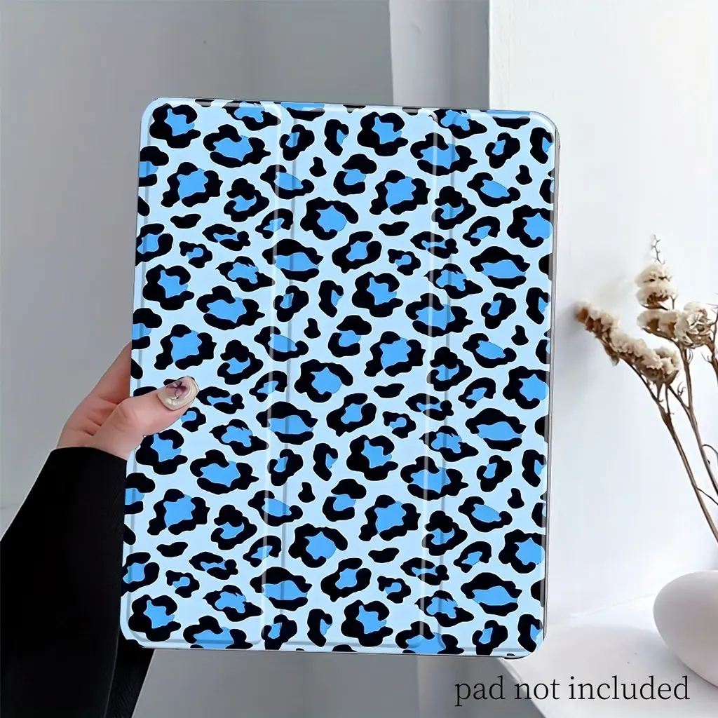 Blue fashion Leopard Print iPad Stand Case,Transparent Acrylic Hard Back Panel With Pencil Slot，Suitable for All models of ipad. Scratch-resistant Ultra-thin Protective Case, Shock-resistant Full Cover Suitable for Offices Homes, Ipad Tablet Accessories