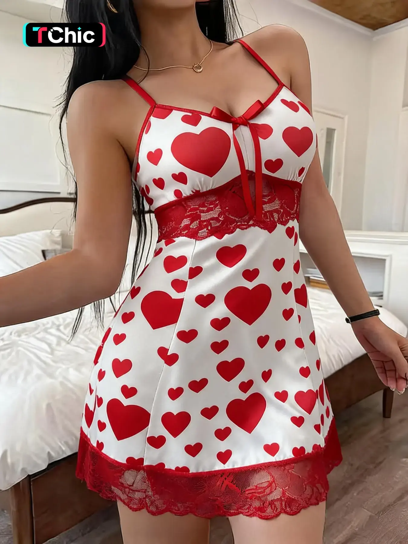 Women's Elegant Camisole Nightdress, Heart Shaped Nightgown, Nightwear, Loungewear, Heart Print Sleepwear, Heart Print, High Elasticity, Slim-Fitting, All Seasons, Romantic Gift