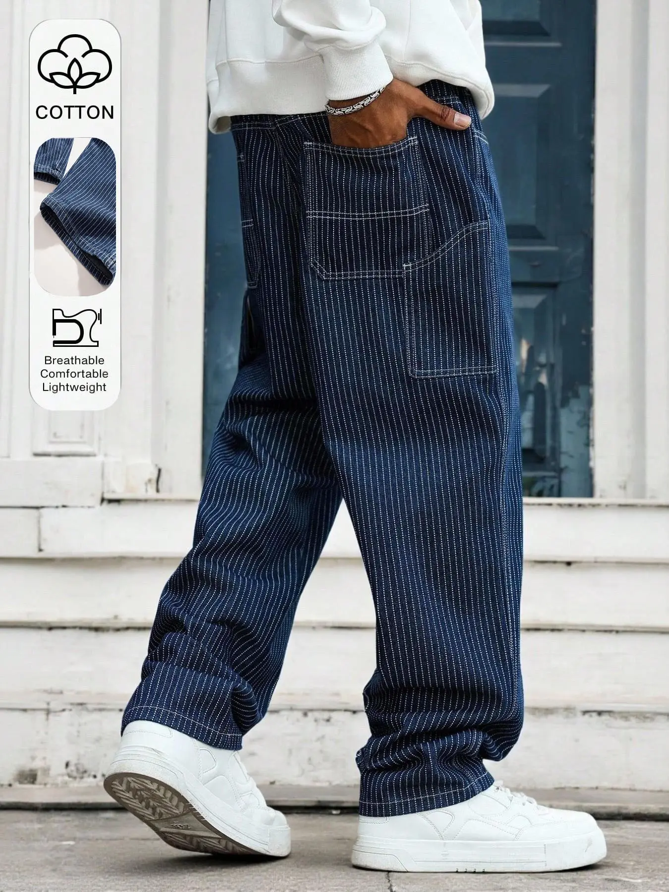 Men's Casual Vertical Stripe Multi-Pocket Jeans, Streetwear Style Unlined Loose Fit Straight Leg Workwear Denim Jeans