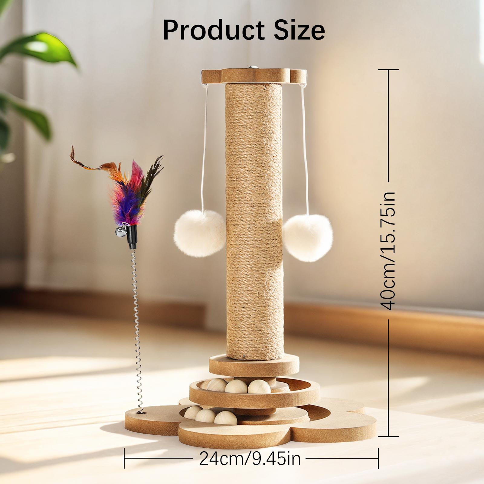 Pawaboo 9.45'' Cat Scratching Post, Cat Scratcher Tree Tower Scratching Posts for Indoor Cats, Sisal Kitten Scratch Posts Trees with Hanging Fluffy Balls and Track Balls, Furniture Protector Cat Toys Wood