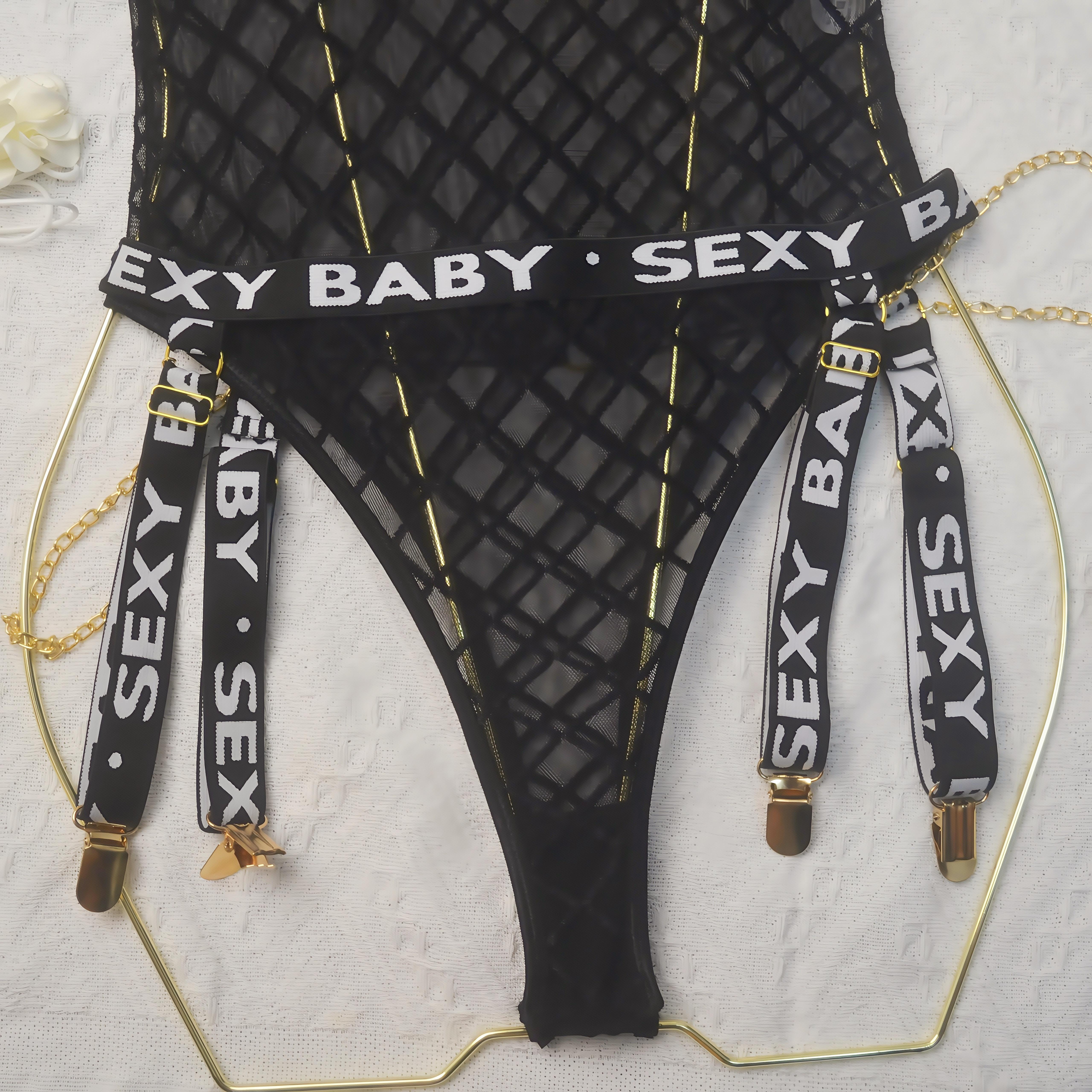 Women's Sexy Lingerie Set with Garter Belts Fashion Chains Teddy ...