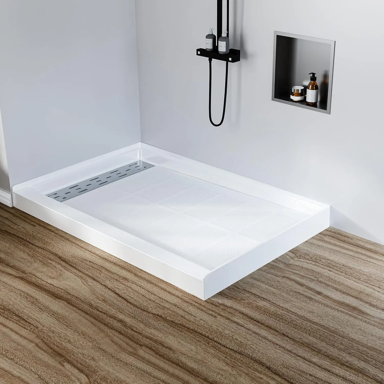 48 x 32 Inch Shower Base with Non-Slip Design, Single Threshold and Left Drain, Stainless Steel Cover & Drain Assembly, Shower Pan Kit for Shower Enclosure