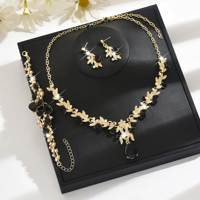 Eco-Friendly Fashion Jewelry Set - Shimmering, Stylish Flowers Crystal Water Drop Bridal Necklace, Earrings & Bracelet, Flowers Jewelry Sets, Shimmering Jewelry Sets