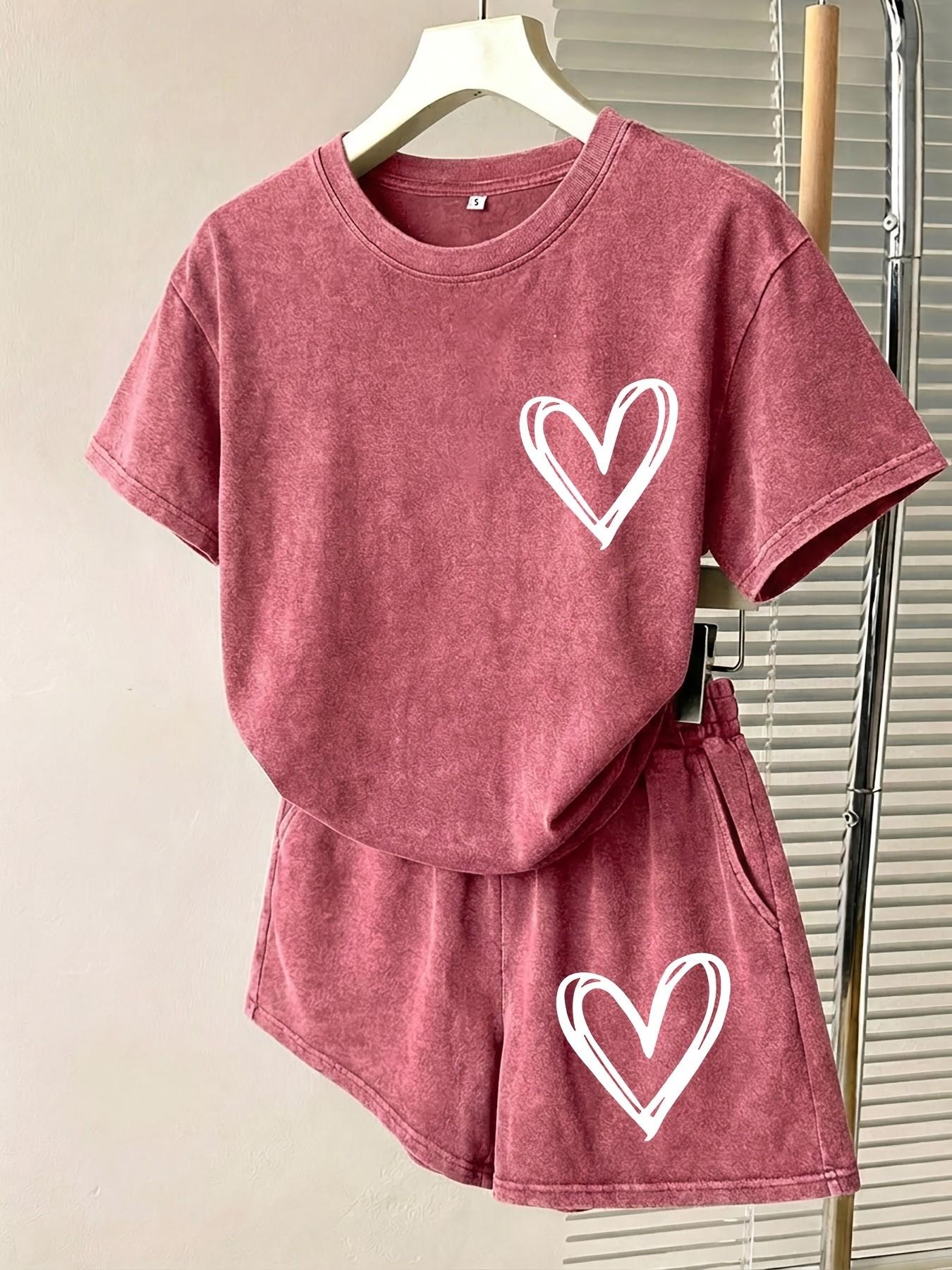 2-Piece Line Heart Print Distressed Wash Set, Heavyweight Fabric, Short Sleeve Round Neck Top and Elastic Drawstring Shorts, Basic and Versatile Outfit, Casual Summer Look