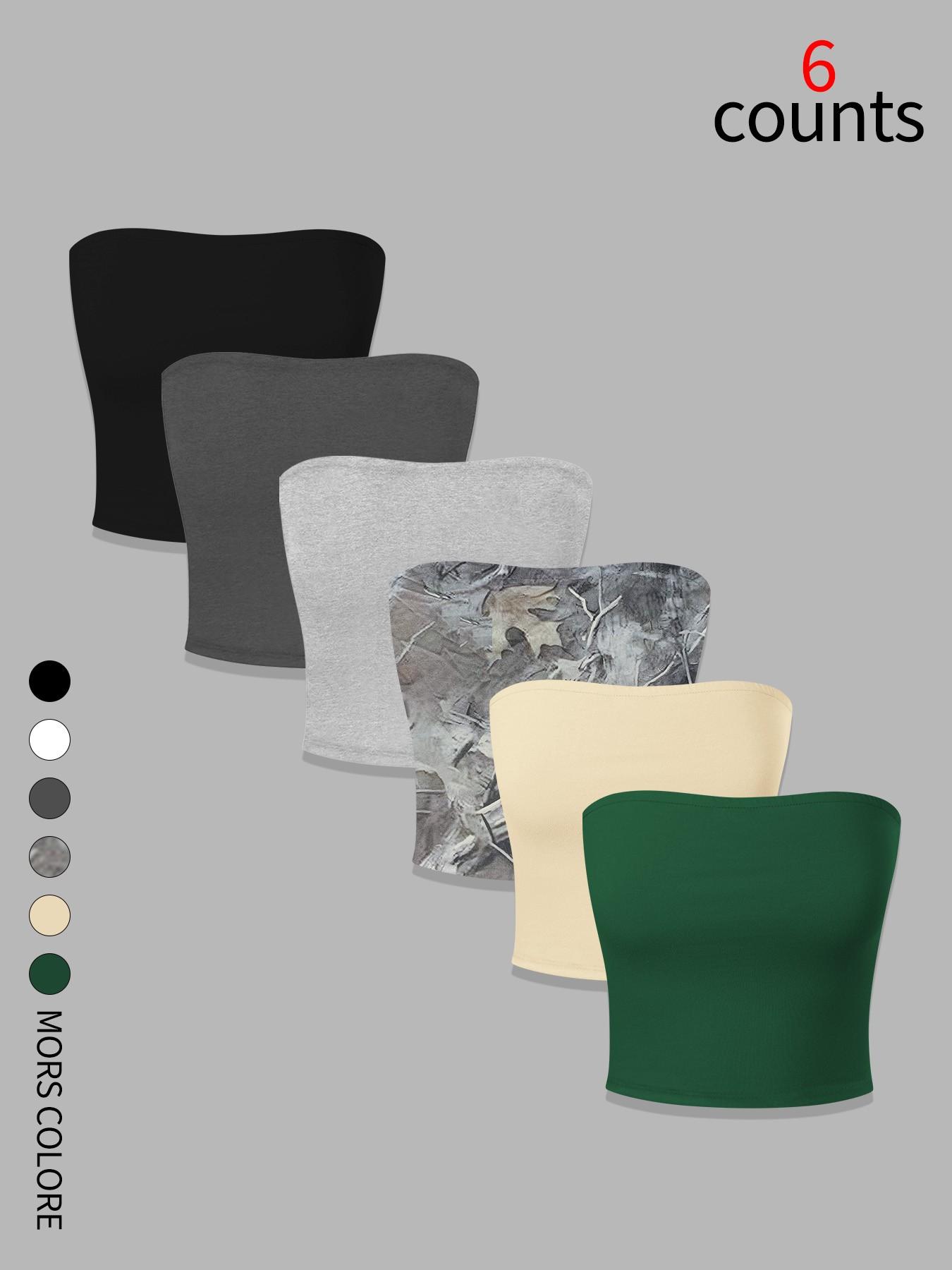 Women's Basic Solid Color Tube Top (6 Pack), Strapless Short Waist Design, High Stretch Knit Fabric, Fit, Versatile for All Seasons, Womenswear