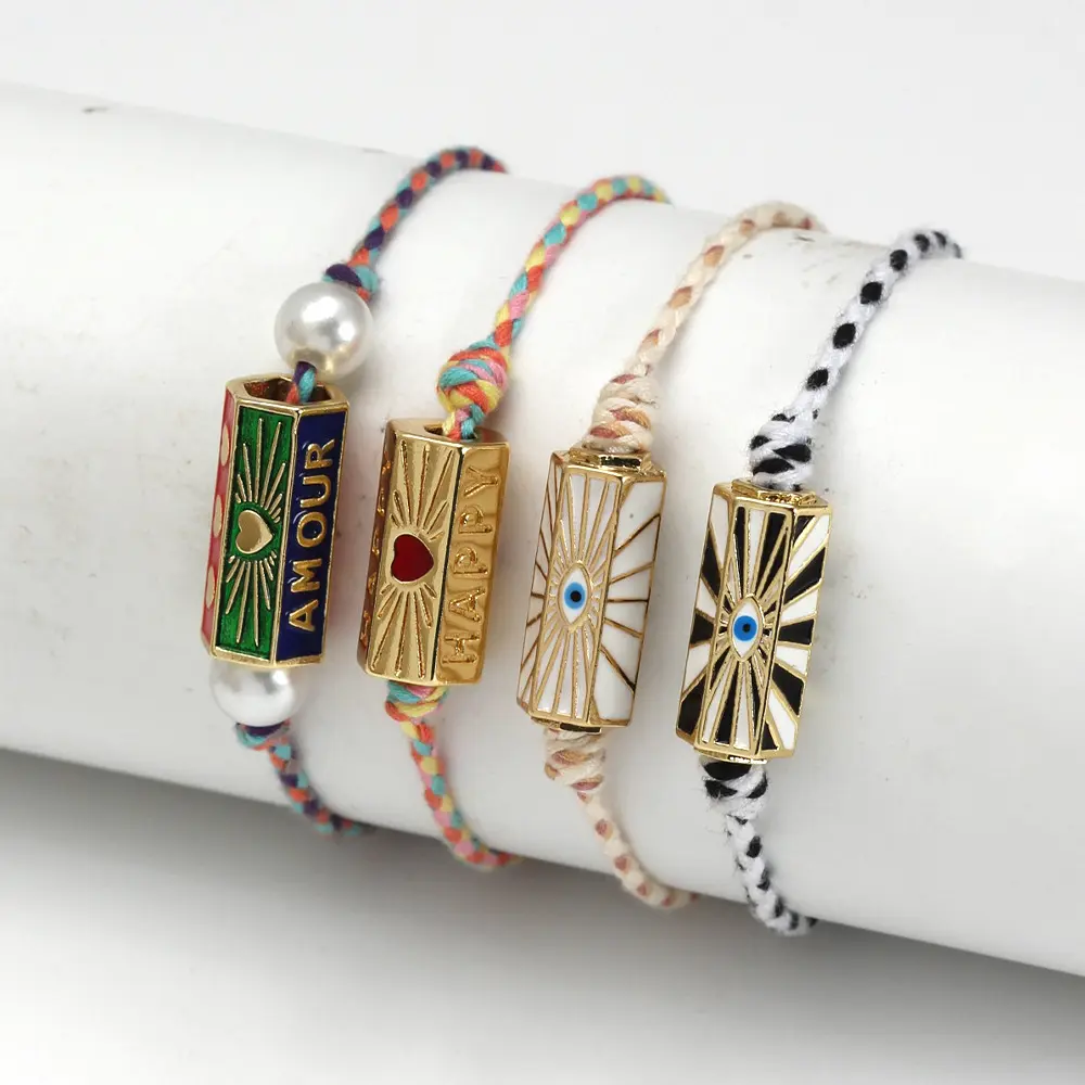 Boho Handmade Braided Evil Eye Bracelet for Women Men Enamel Tube Protection Amulet Adjustable Slipknot String Wristband Summer Beach Jewelry Gift