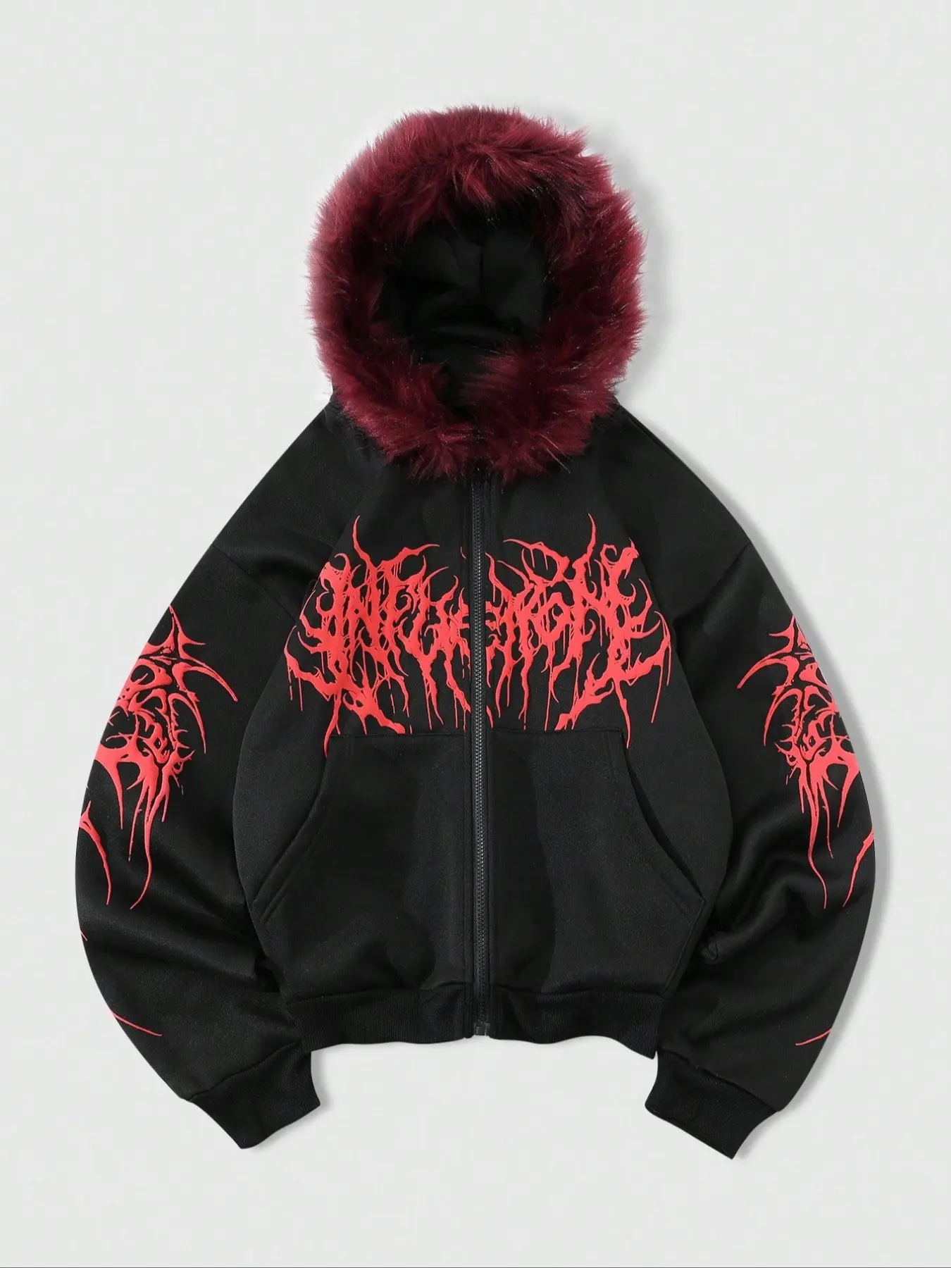 Y2K Cyber Grunge Full Zip Hoodie with Red Furry Hood | Gothic