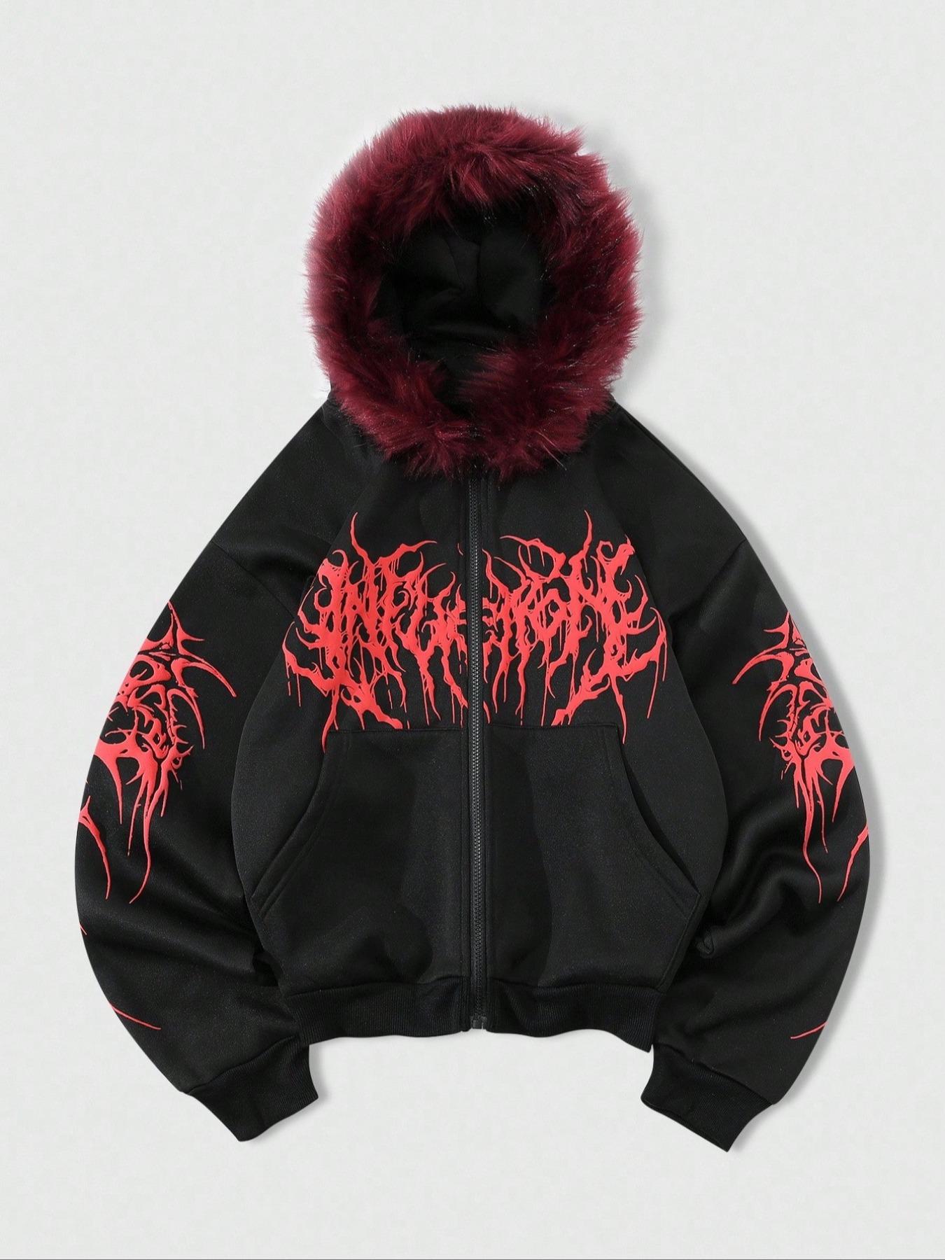 Y2K Cyber Grunge Full Zip Hoodie with Red Furry Hood | Gothic Y2K Cyber Grunge Full Zip Hoodie with Red Furry Hood | Gothic