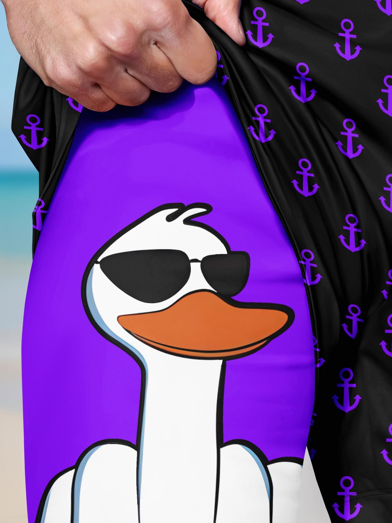 Men's 2-in-1 Quick-Dry Beach Shorts, Swimwear Shorts, Printed Swim Trunks, Cool Cartoon Duck & Anchor Print Drawstring Casual Summer Swim Trunks, Swimsuit Shorts for Vacation #GLOBAL PICKS