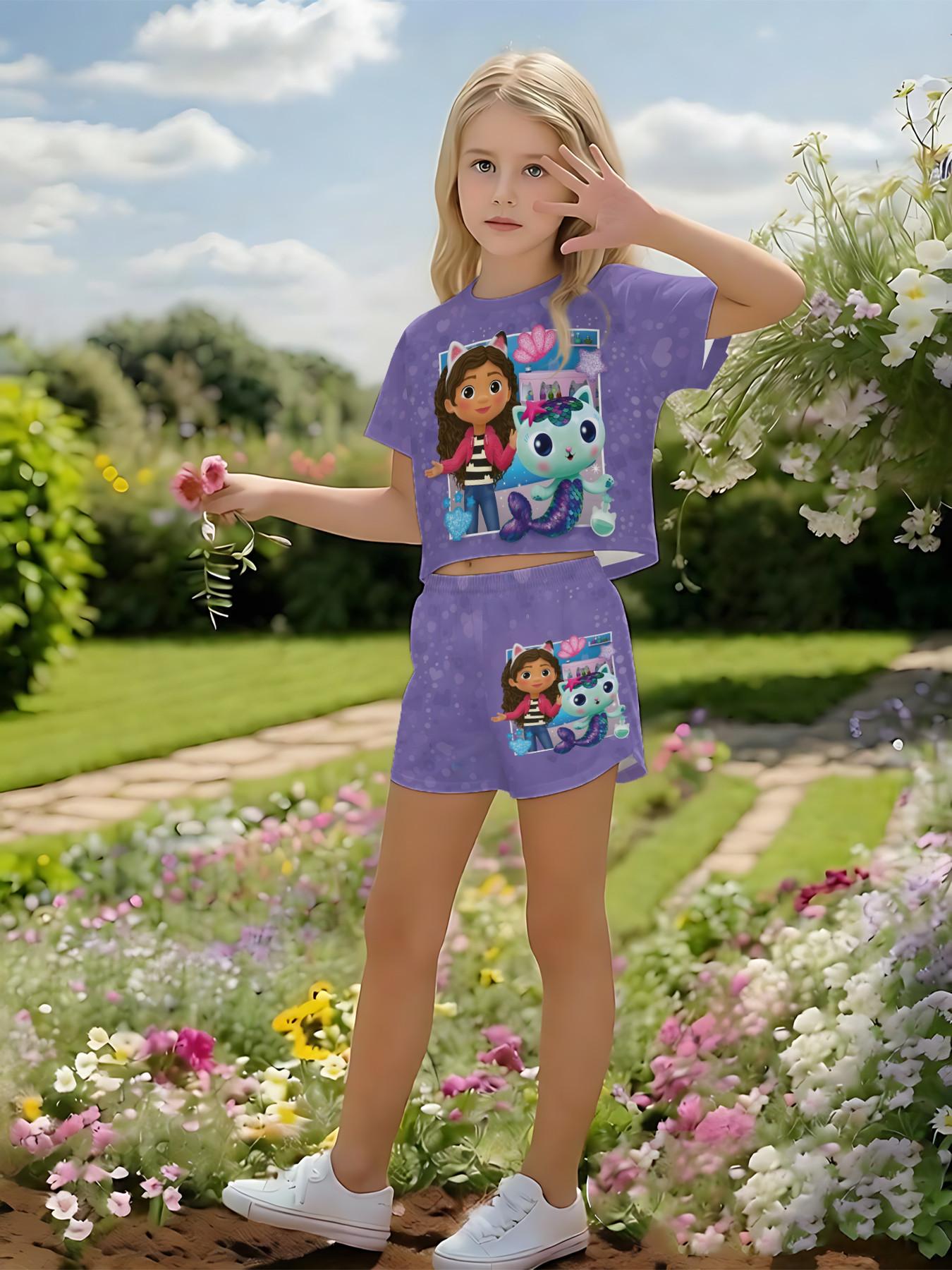 Girls' 3D Set, Polka Dot Barbie Doll Mermaid Cat Print, Outdoor Wear, Gift Idea, Cute and Trendy Fashion for Kids