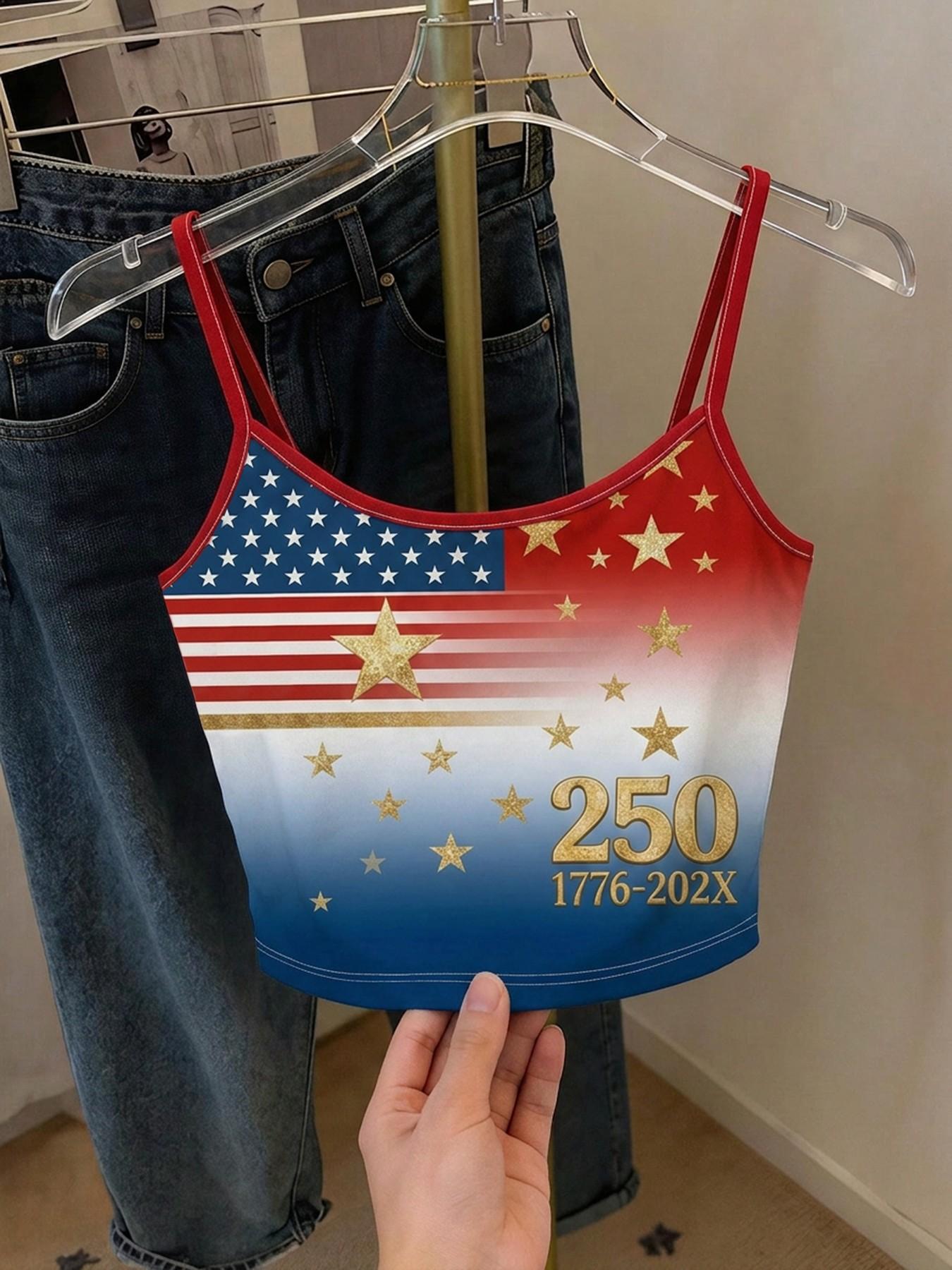 American Flag Print Cami Top, Spaghetti Strap Sleeveless Slim-Fitting Sexy Backless Casual Tank, Breathable Material, Multiple Flag Options, Plain Surface Design