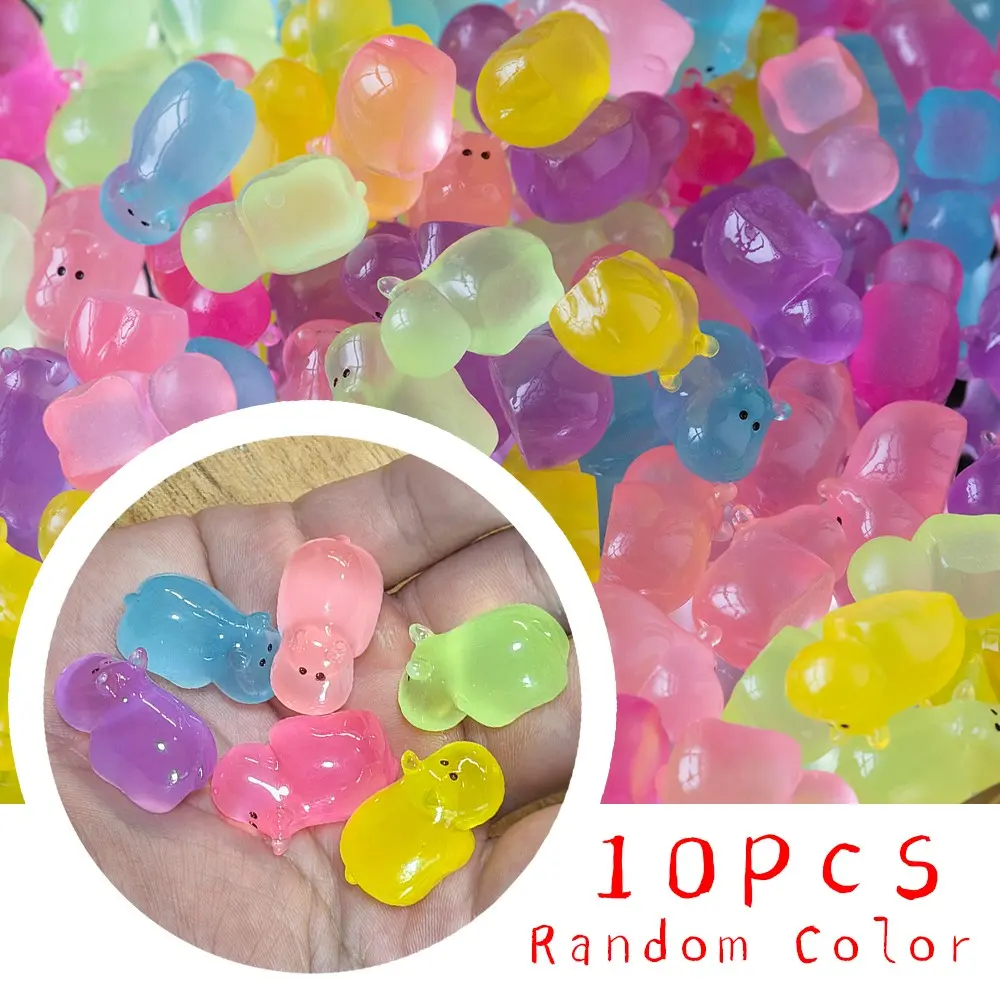 10pcs Mini Resin Animals Hippos Mini Resin Figures Hipps Cute Hippo Resin Figurines for Fairy Garden Home Car Dashboard Desktop Decor Collectible Figurines, Glow-In-The-Dark Resinhippo Miniature Ornaments, Random Cute Cartoon Sculptures Garden Accessories