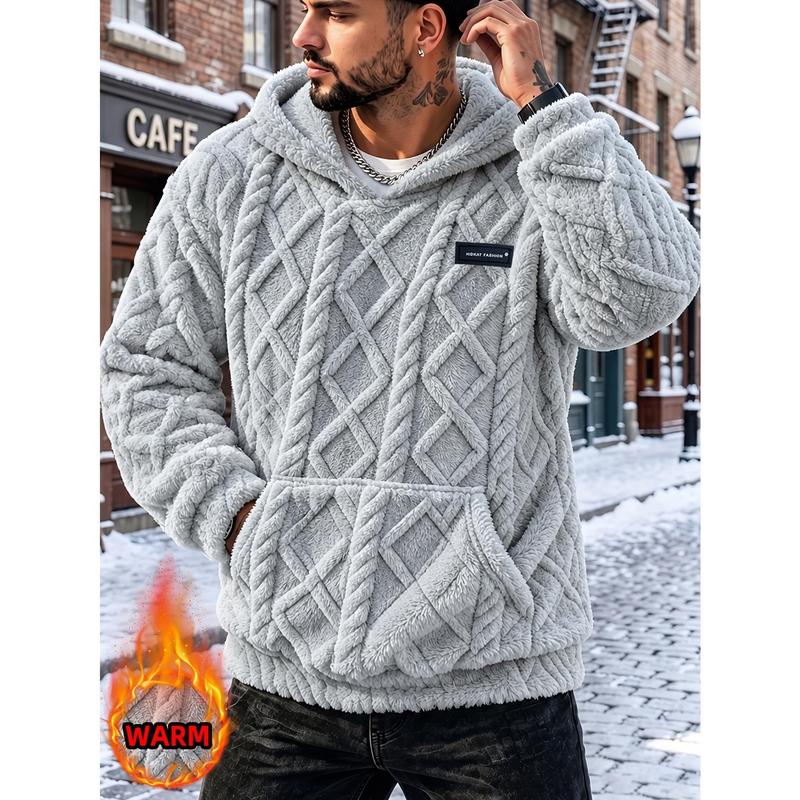 3D Diamond Jacquard Weave Men's Fall Winter Thick Plush Hoodie, Soft Skin‑Friendly Loose Pullover Top with Convenient Storage Pockets, Excellent Cold‑Resistant Warmth for Streetwear, Outdoor Travel, Daily Commute and Short Trips