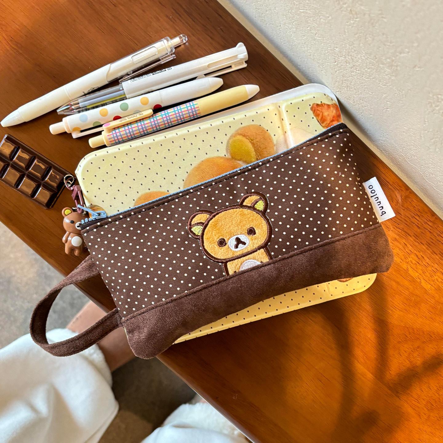 Buuuloo Original Embroidered Rilakkuma Pencil Case Large Capacity Polka Dot Ins Style Kawaii For Teen Girls High School Students