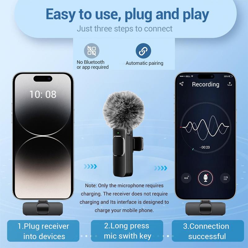 Professional Wireless Lavalier Microphone – Compatible with iPhone & Android, Plug-and-Play Lapel Mic, Usb Rechargeable Mic for Video Recording, Interviews, Podcasts, Vlogs, TikTok & Teaching | Omnidirectional Condenser