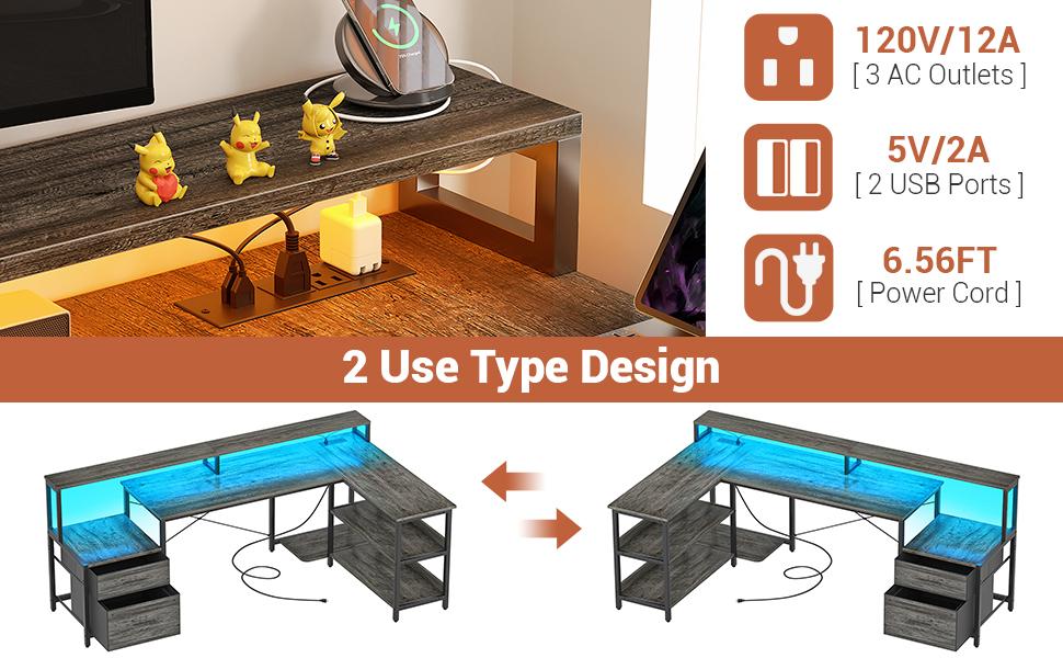 73" Reversible L Shaped Computer Desk with Power Outlet & LED Strip,Gaming Desk with Monitor Stand,Office Desk with File Drawer and Storage Shelves