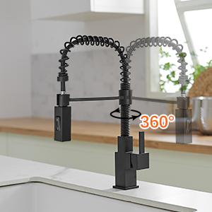 BESy Morden Square Matte Black Kitchen Faucet, Single Handle 2 Function Pull Down, Commercial Solid Brass Spring Rv Square Kitchen Sink Faucet with Pull Down Sprayer Laundry Faucet