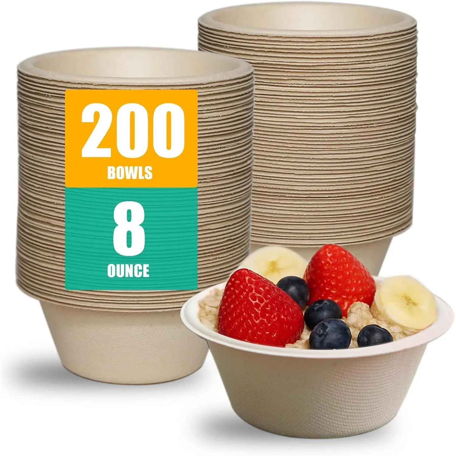 200 Count 8 oz Compostable Paper Bowls, Natural Sugarcane Bagasse Heavy Duty Disposable Bowls Bulk for Snacks, Fruit, Desserts & Dips, Eco-Friendly, Microwave SafeGift