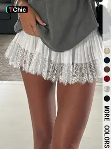 1 piece Women's Lace Patchwork Ruffle Short Skirt, Elegant Sweet Style, Long Leg Look, Perfect for Casual & Party Wear
