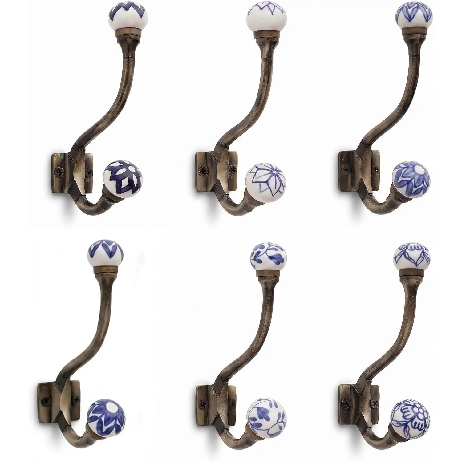 Blue White Ceramic Double Wall Coat Hooks Heavy Duty 6 Pack