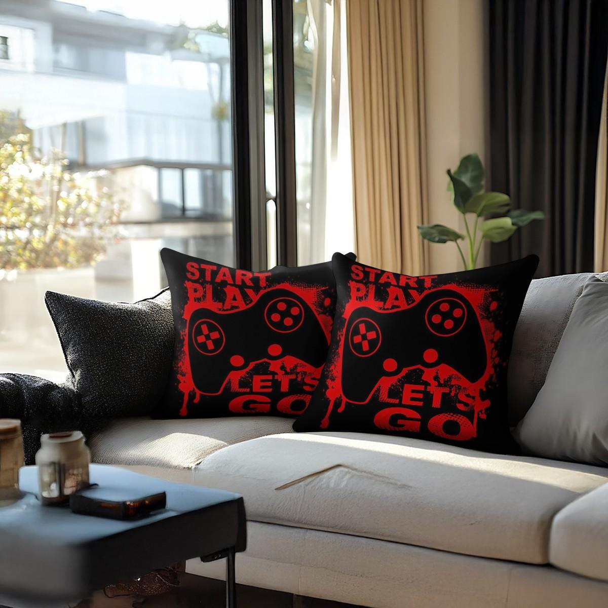 Gamer Theme Throw Pillow,Start Play Let's Go Game Controller Decorative Cushion,Red Black Graffiti Accent Pillow for Gaming Room,Bedroom,Sofa,Couch,Dorm,Includes Pillow Core,Perfect Gamer Gift for Teen Boys & Game Lovers