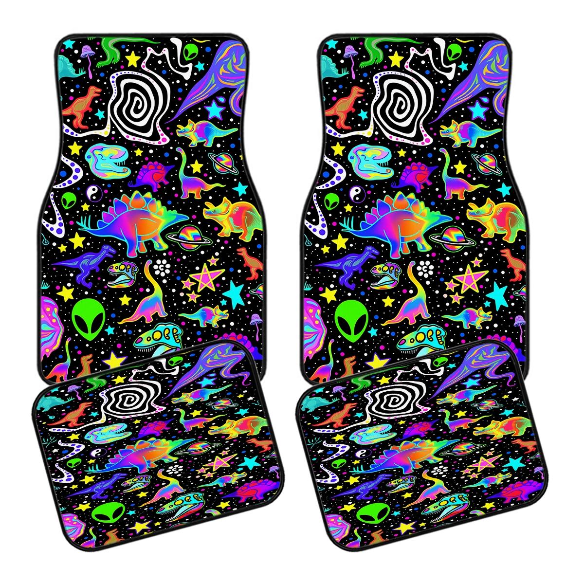 4pcs Y2K Neon Dinosaur Alien Car Floor Mats, Anti-Slip Polyester, Durable Absorbent, Easy to Clean, Suitable for Trucks Vans Suvs