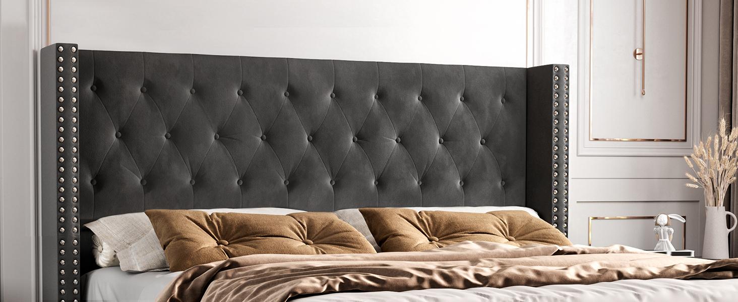 VanAcc Upholstered Bed Frame with 49.2" Tall Headboard, Modern Wingback Platform Bed, Low Profile Velvet Tufted Button, No Box Spring Needed