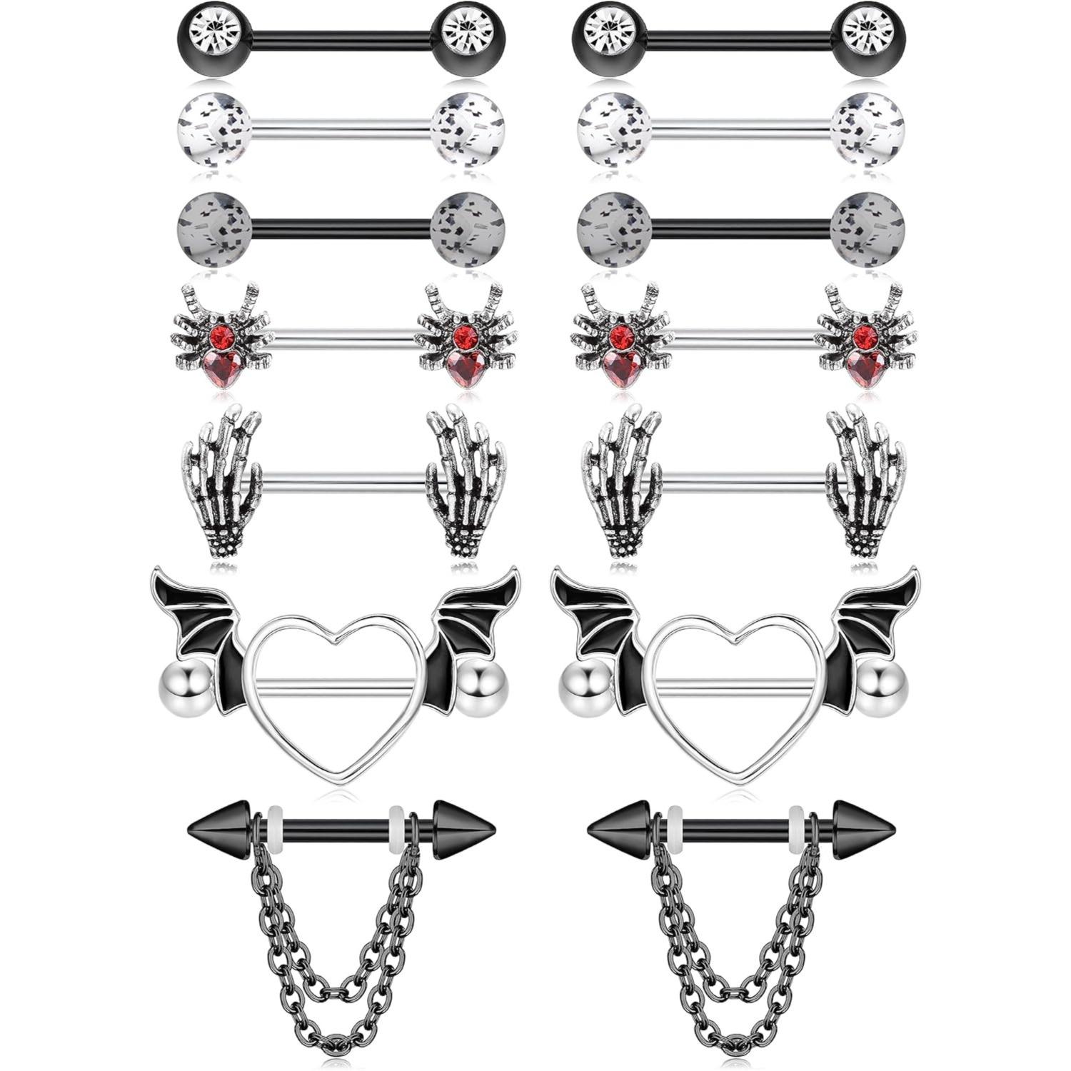 7 Pairs 14G Nipple Rings 316L Surgical Steel Nipple Piercing CZ Heart Butterfly Barbell Tongue Rings Set Cute Nipple Tongue Piercing Jewelry for Women Body Jewellery